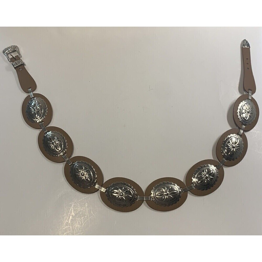 Western-Inspired Brown Leather Concho Belt with Silver Medallions